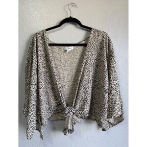 Japna Womens Leopard Print Tie Front Cropped Kimono Top Tan Black Viscose M